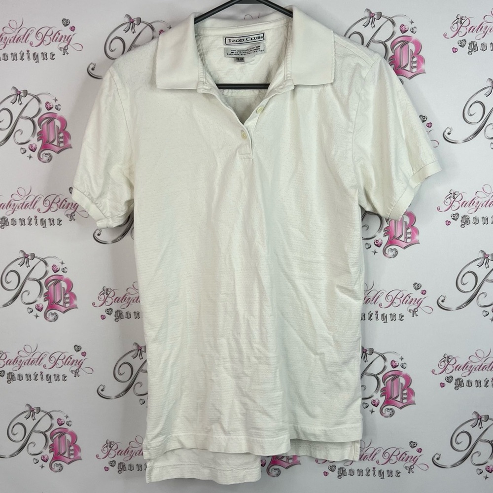 Izod club tshirt tee cream White Polo Shirt half button up collared